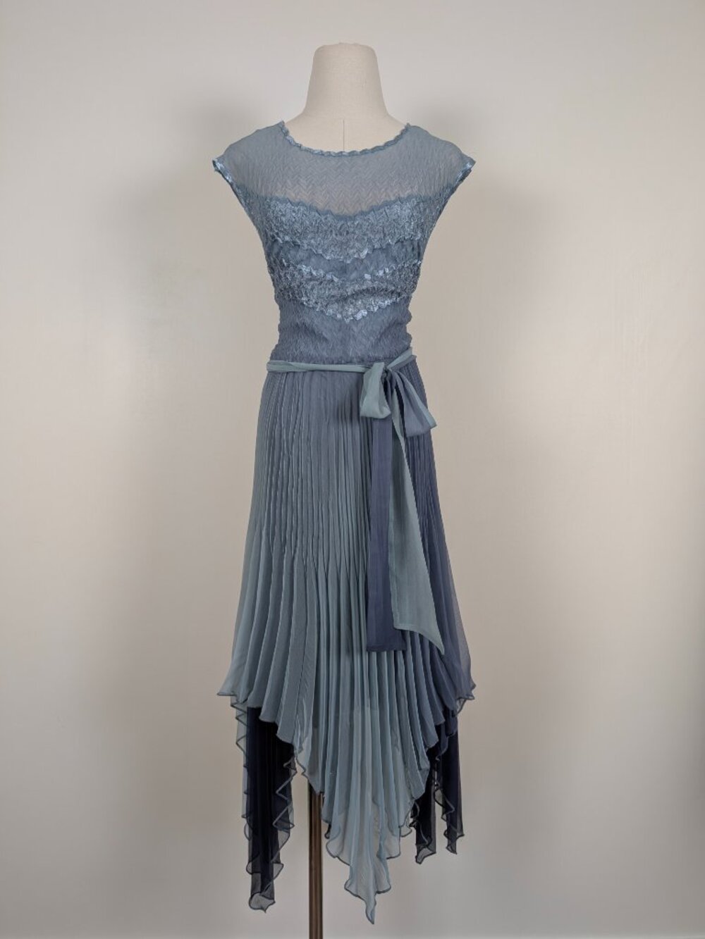 Komarov Asymmetrical Silk Midi Dress Size Large Pastel Blue Formal Sheer - Picture 10 of 16